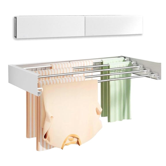 KOKEBREN 32 Inch Wall Mounted Clothes Drying Rack, Foldbale Laundry Drying Rack Wall Mount with 5 Rods, 60Lbs Capacity, Space Saving for Indoor Outdoor,White