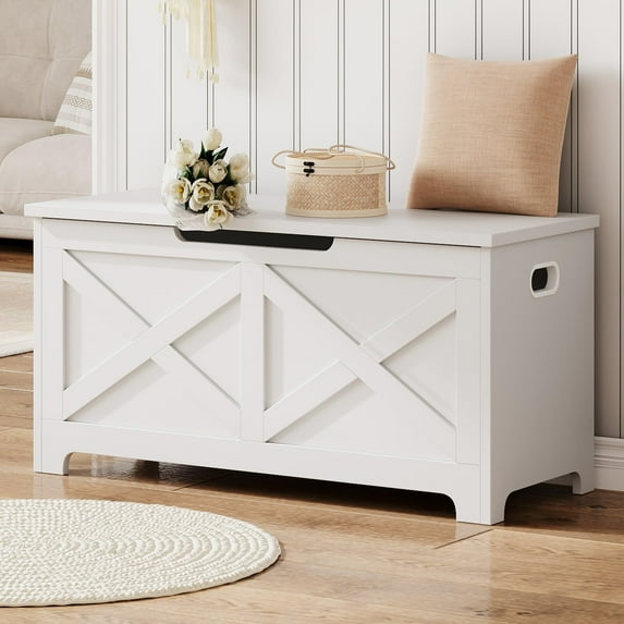 KOKEBREN 39.4"L Storage Chest, Wooden White Toy Storage Bench, Modern Style Lift-Top Toy Chest with Safety Hinge for Entryway, Bedroom, Living Room