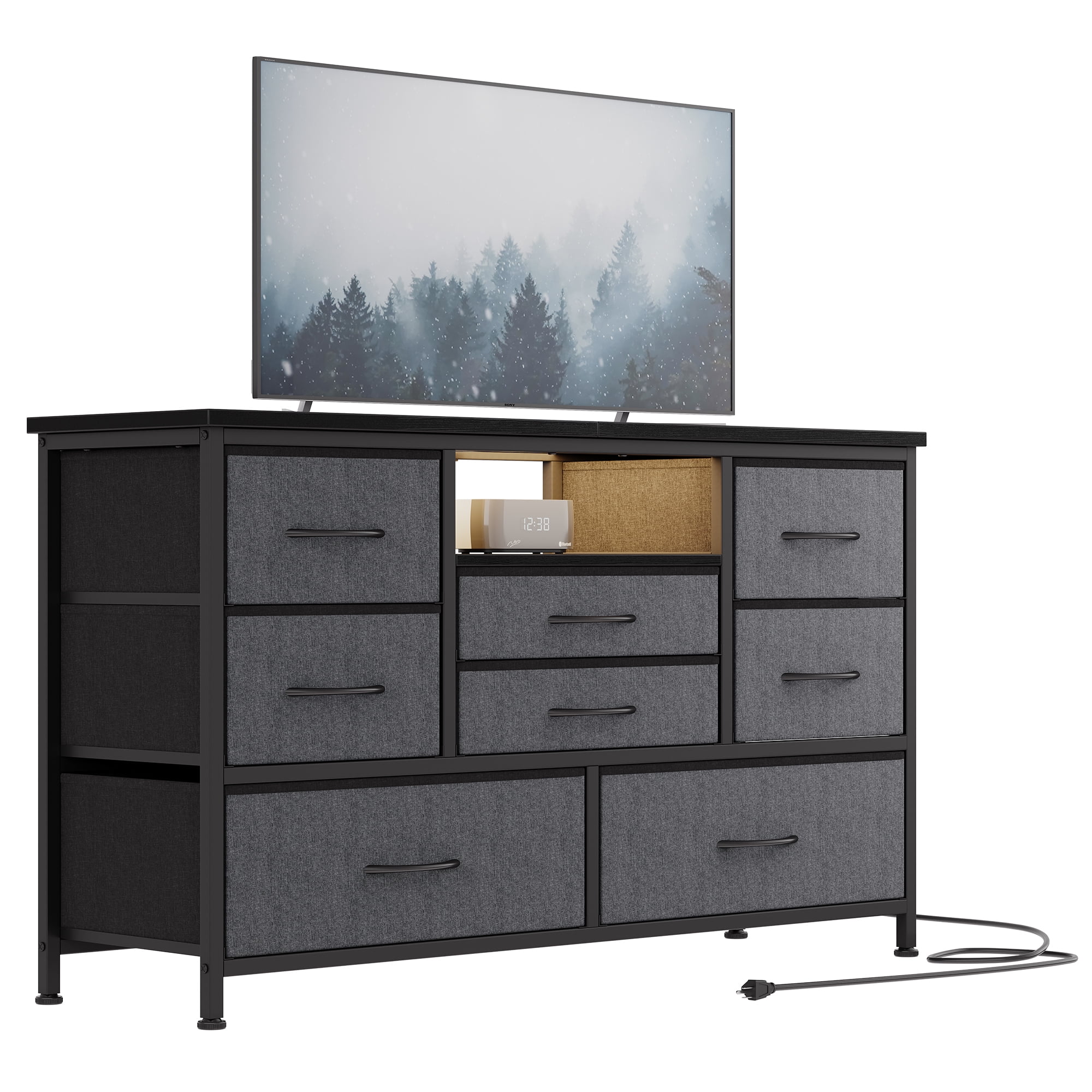 KOKEBREN 47.4"Wide Dressers for Bedroom 8 Fabric Drawers Dresser with LED lights & Power Outlet TV Stand for 55" TV,Gray