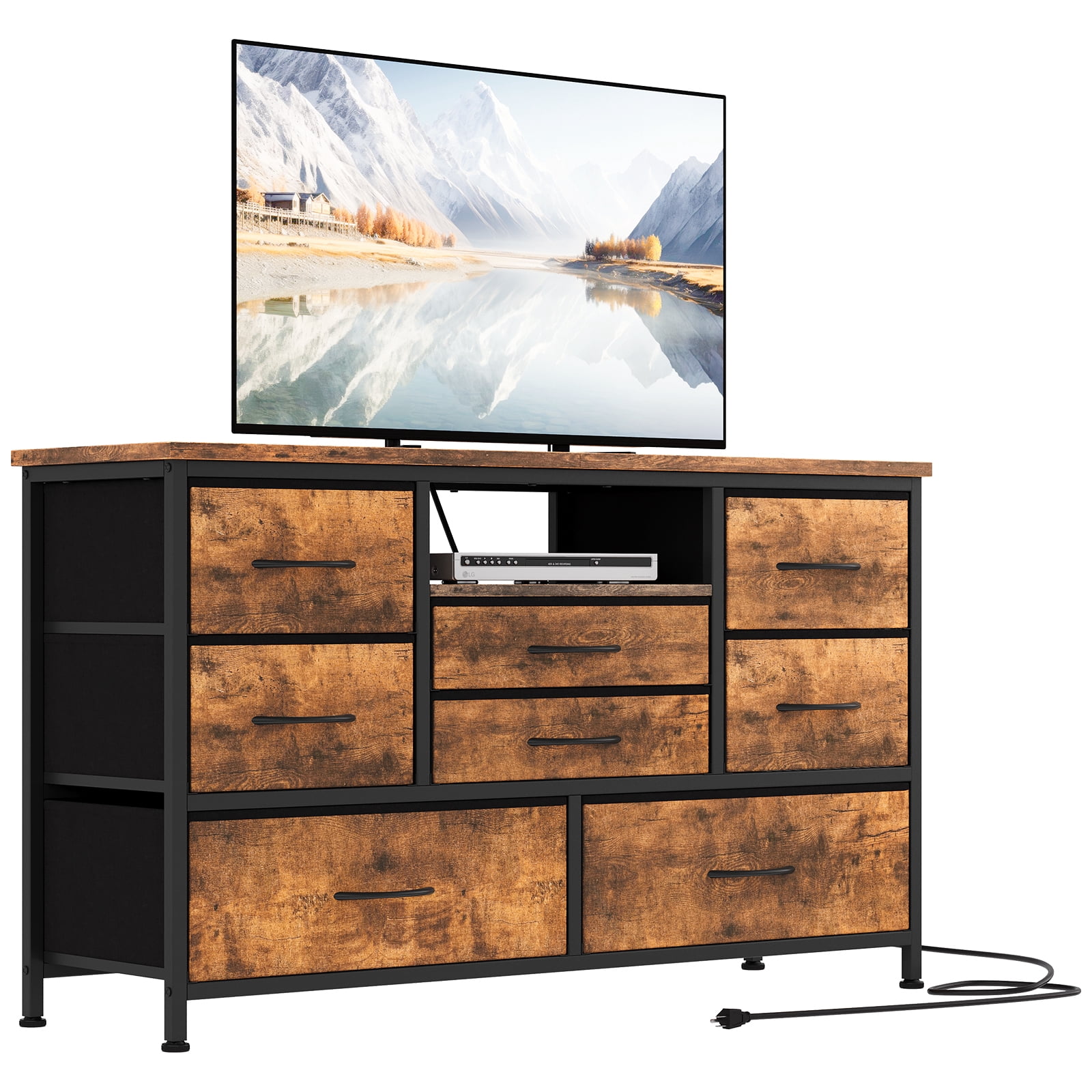 KOKEBREN 47.4"Wide Dressers for Bedroom 8 Fabric Drawers Dresser with LED lights & Power Outlet TV Stand for 55" TV,Rustic Brown