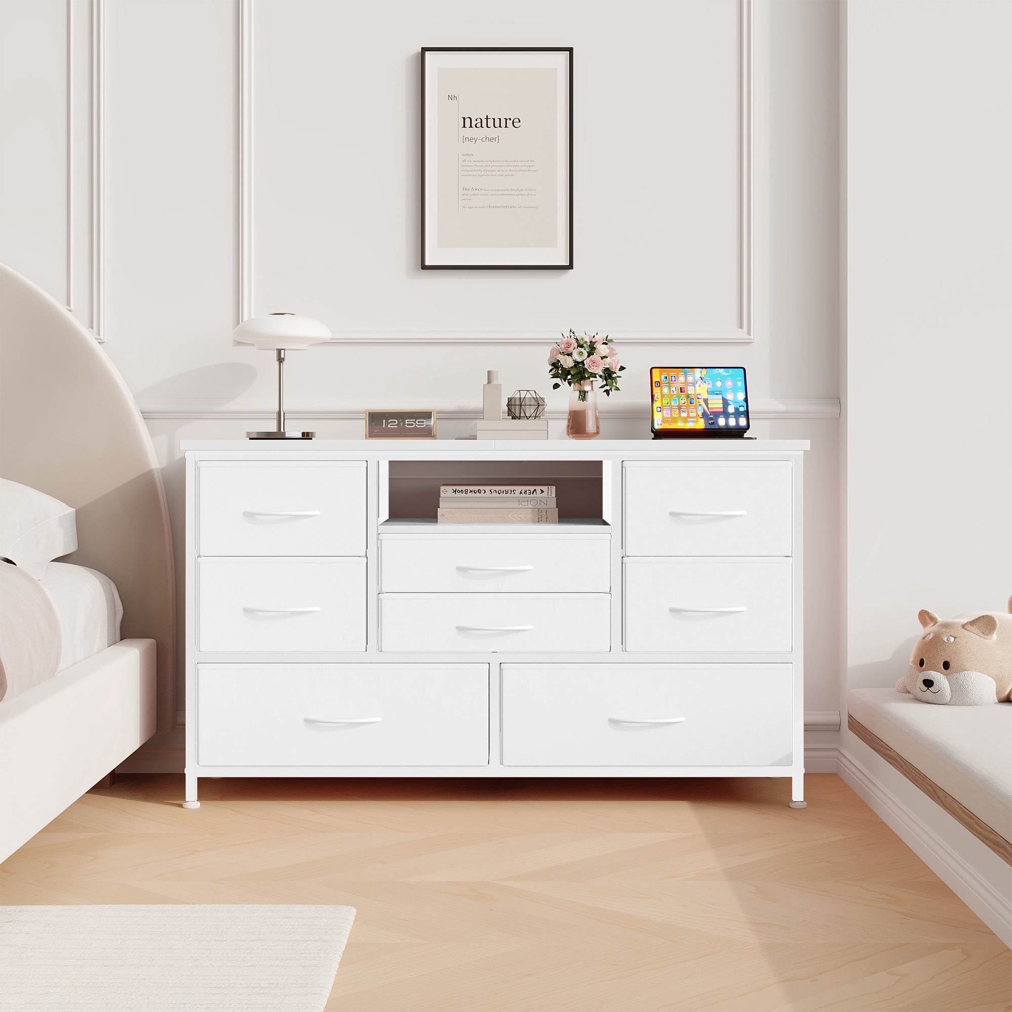 KOKEBREN 47.4"Wide Dressers for Bedroom 8 Fabric Drawers Dresser with LED lights & Power Outlet TV Stand for 55" TV,White