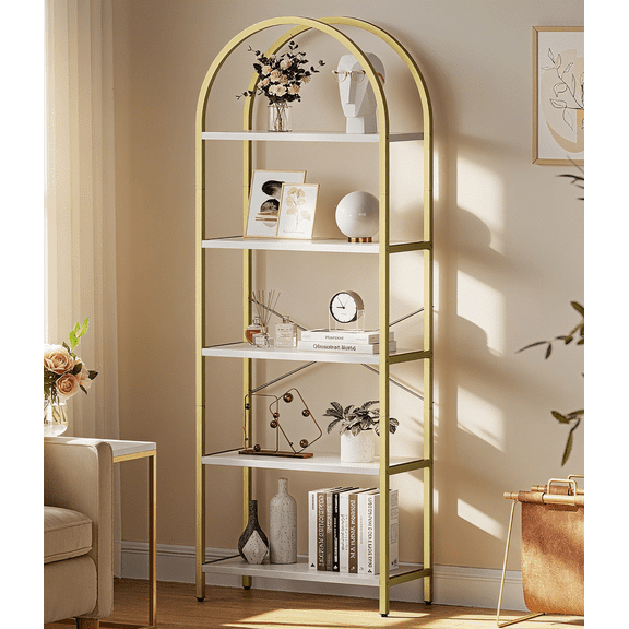KOKEBREN 5-Tier Arched Bookshelf, 71" Tall Industrial Open Bookcase, Modern Freestanding Display Rack, Metal and Wooden Storage Shelving Units, Storage Rack