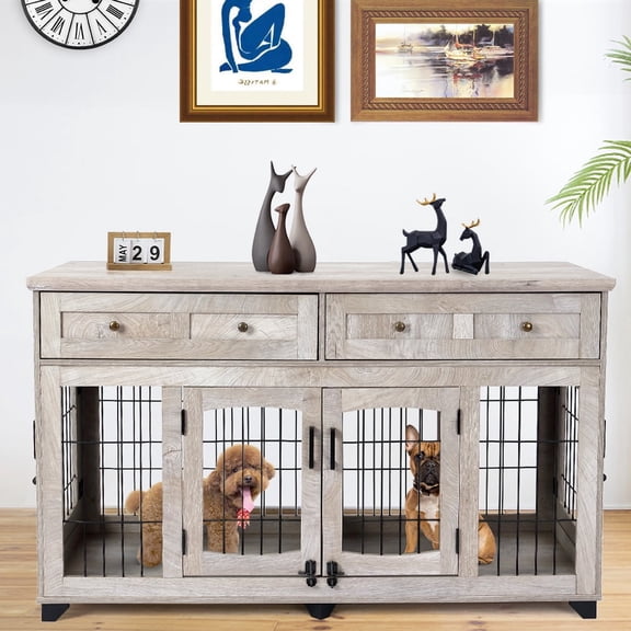 KOKEBREN 58"Large Dog Crate Furniture with 2 Drawers,Double Dog Wooden Indoor Dog Cage Table with Divider,Gray