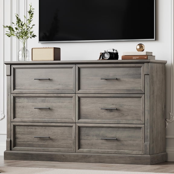 KOKEBREN 6 Drawer Dresser for Bedroom, Farmhouse Large Double Chest of Drawers with Metal Handles,Rustic Wooden Dresser for Living Room,Gray