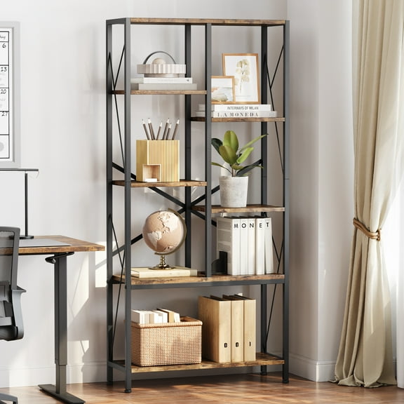 KOKEBREN 6 Tier Open Bookcase,Industrial Wood and Black Metal Bookshelves, Mid Century Bookcase for Home Living Room Bedroom