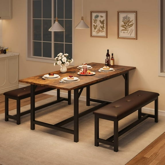 KOKEBREN 63" Extendable Dining Table Set for 4-6 People, 3-Piece Kitchen Table Set with 2 Upholstered Benches, Farmhouse Dining Room Table Set for Kitchen, Living Room, Apartment, Brown