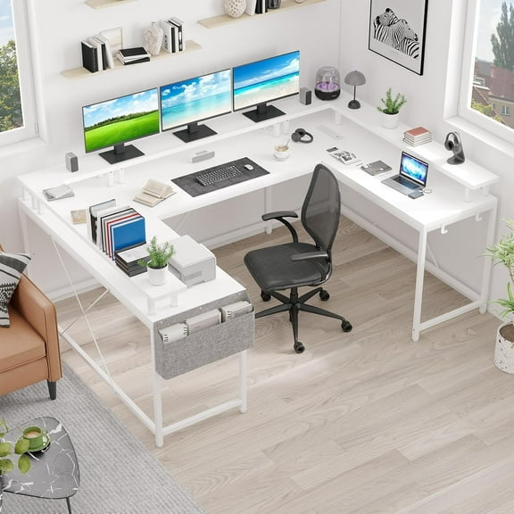 KOKEBREN 78.8" U Shaped Computer Desk, Reversible L Shaped Desk with Power Outlets, LED Lights, Monitor Stand & Storage Shelves, Corner Office Desk for Gaming - White