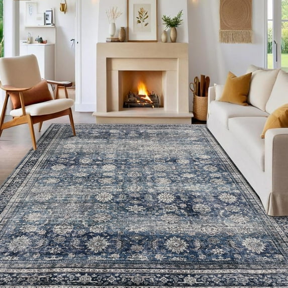 KOKEBREN 9x12ft Vintage Area Rugs for Living Room Bedroom Dining Room Office Foldable Indoor Carpet,Blue