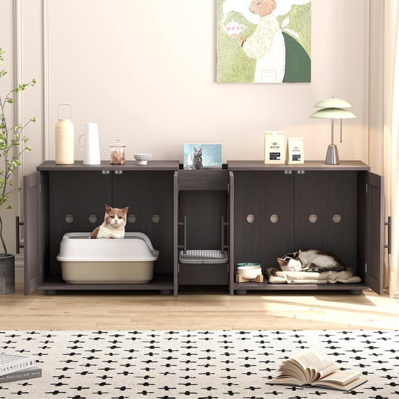 KOKEBREN Double Rooms Cat Litter Box Enclosure - 55” Large Wooden Cats Washroom with Barn Doors, Hiddden Cat Litter Box Enclosure Furniture Indoor Pet House for Bedroom Living Room - Walnut