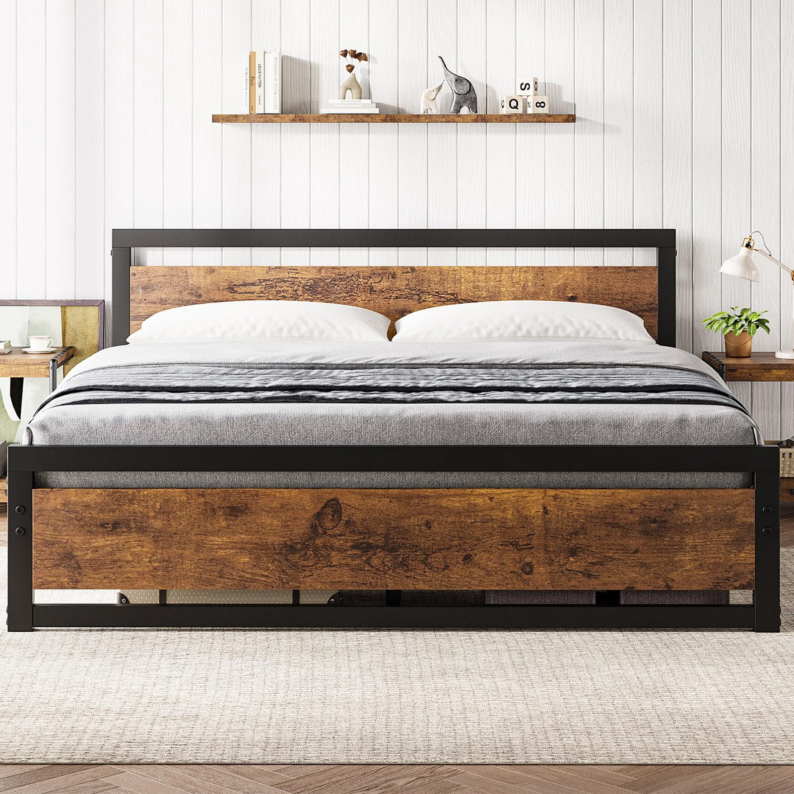 KOKEBREN King Size Bed Frame, Industrial King Platform Bed with Headboard No Box Spring Needed,Brown
