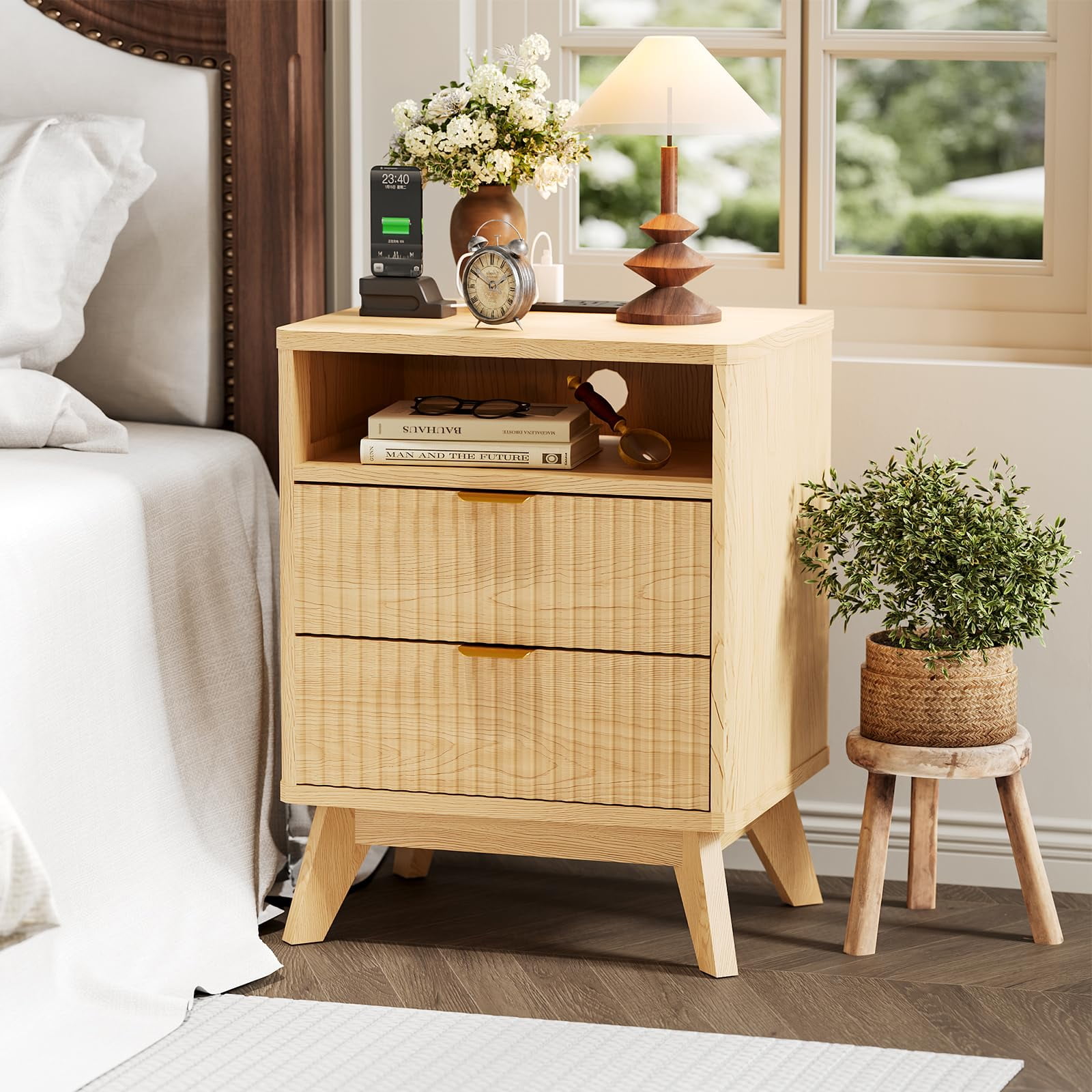 KOKEBREN Modern Nightstand with USB Charging Station - Wood Fluted Bedside Table with 2 Drawers & Open Shelf,Oak