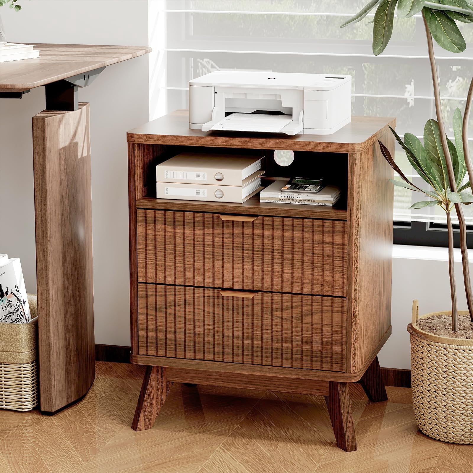 KOKEBREN Modern Nightstand with USB Charging Station - Wood Fluted Bedside Table with 2 Drawers & Open Shelf,Walnut Wood Color