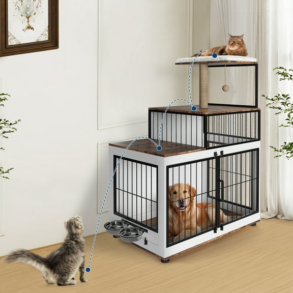 KOKEBREN Multi-Functional Dog Crate Furniture with Cat Scratching Post & Rotating Food Bowl, Wooden Pet Kennel with Resting Platform for Multi-Pet Households