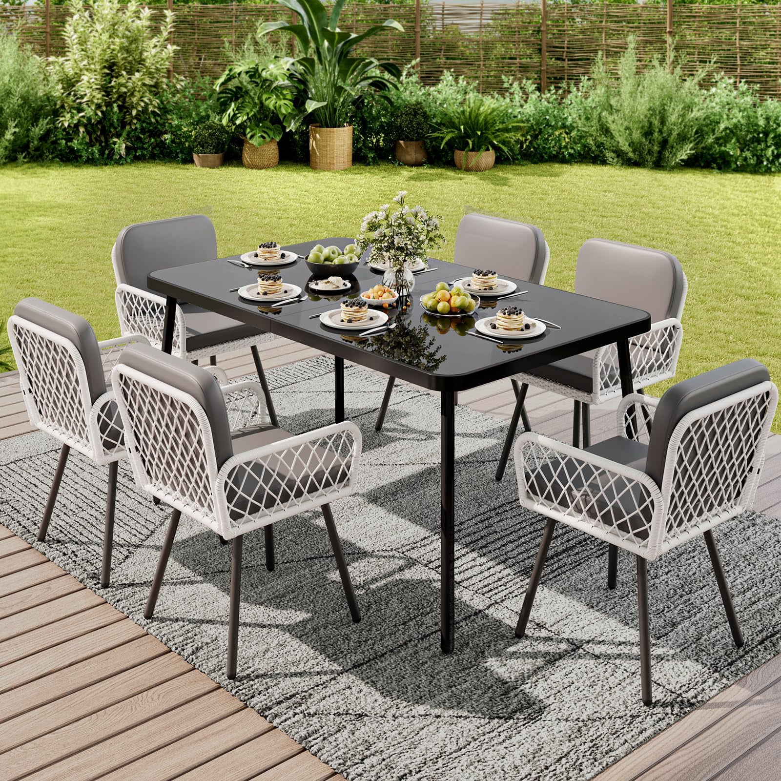 KOKEBREN Outdoor Dining Set,60"x35" Black Metal Table with Tempered ...