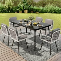 KOKEBREN Outdoor Dining Set,60"x35" Black Metal Table with Tempered Glass Top & 6 Wicker Chairs for Garden, Poolside