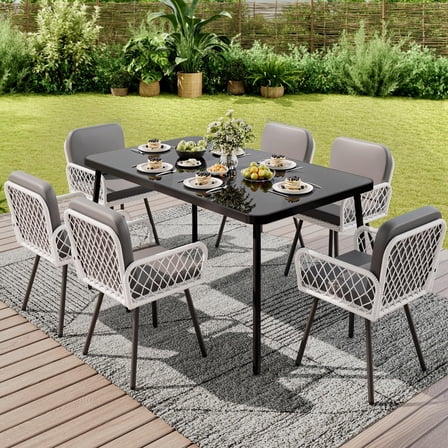 KOKEBREN Outdoor Dining Set,60"x35" Black Metal Table with Tempered Glass Top & 6 Wicker Chairs for Garden, Poolside