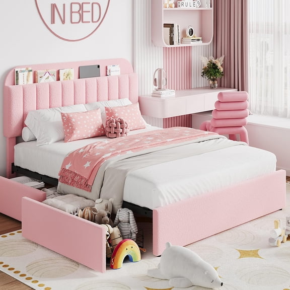 KOKEBREN Pink Queen Bed Frame with Storage Headboard & 2 Drawers,Bed Frame with Bookcase