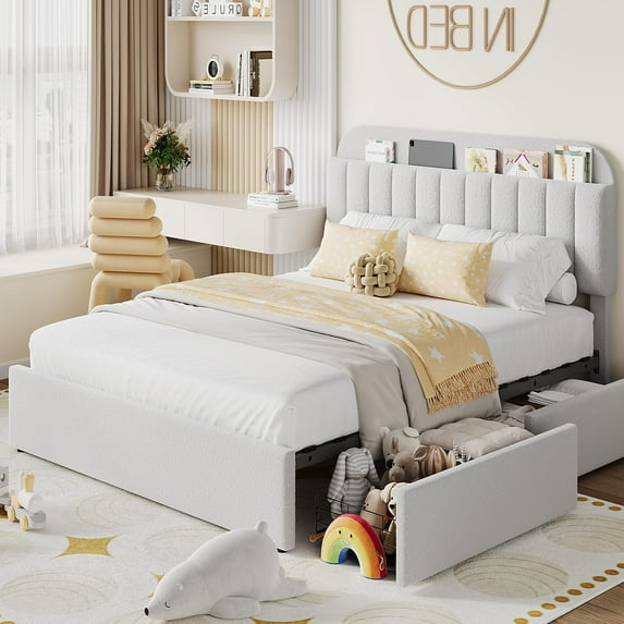 KOKEBREN Queen Bed Frame with Storage Headboard & 2 Drawers,Bed Frame with Bookcase,Grey