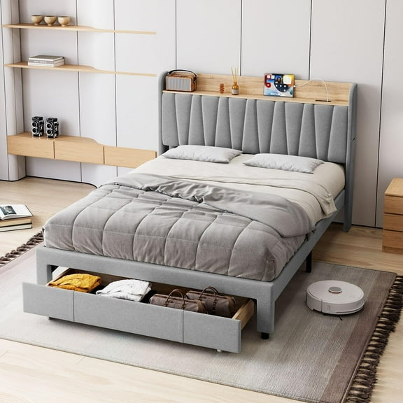 KOKEBREN Queen Size Upholstered Platform Bed Frame, Metal Bed Frame for Bedroom, with Storage Drawers, Power Socket, Wooden Slats Mattress Foundation,Grey
