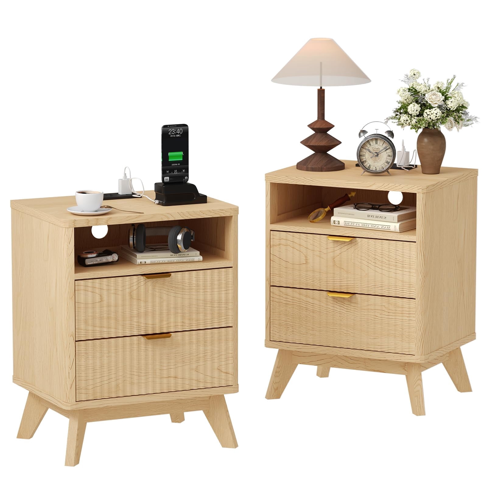 KOKEBREN Set of 2 Nightstand with USB Charging Station - Wood Fluted Bedside Table with 2 Drawers & Open Shelf,Oak