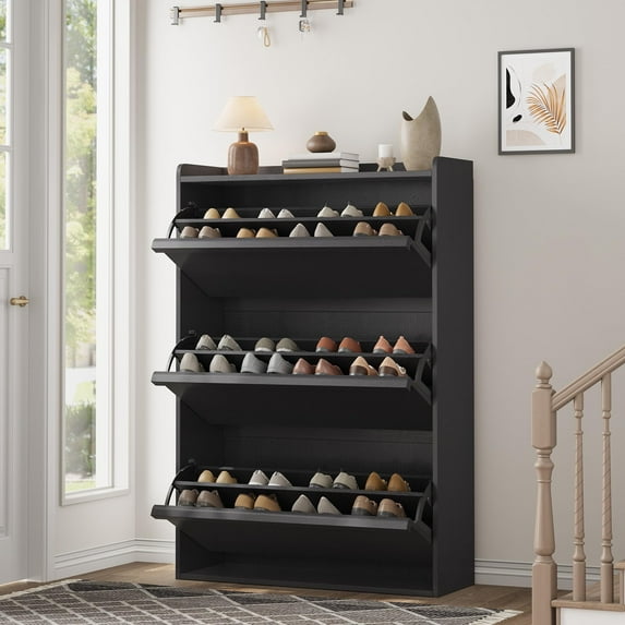 KOKEBREN Shoe Cabinet with 3 Flip Drawers, Large Capacity Wooden Storage Organizer with Adjustable Shelf, Freestanding Hidden Cabinet for Entryway,Black
