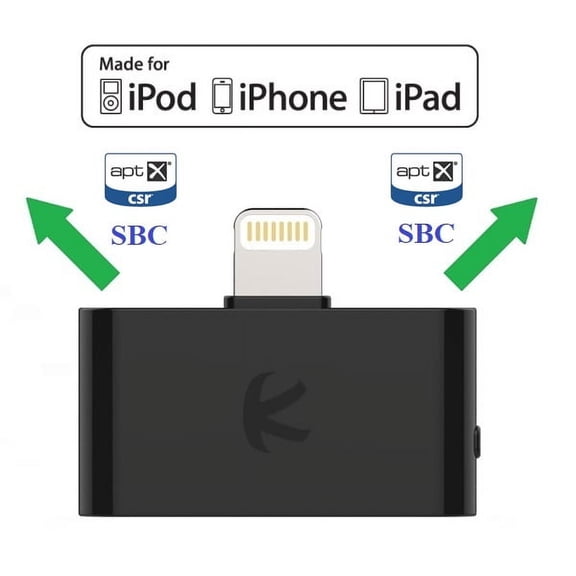 KOKKIA i10L_aptX : DIGITAL Bluetooth Splitter Transmitter with switchable aptX / SBC codecs, for iPhone, iPad, iPod Touch with Lightning Connector. Works well streaming to 2 sets of Apple AirPods.