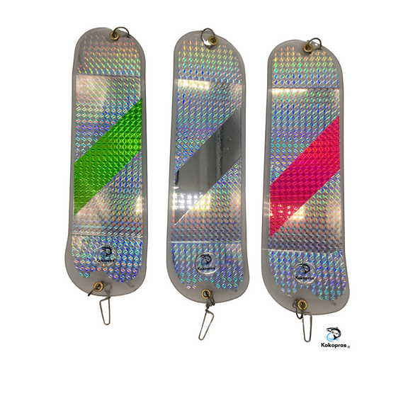 KOKOPROS 11 Inch Salmon Flashers 3 Pk Silver, Hot Pink Chrome and Green Stripe