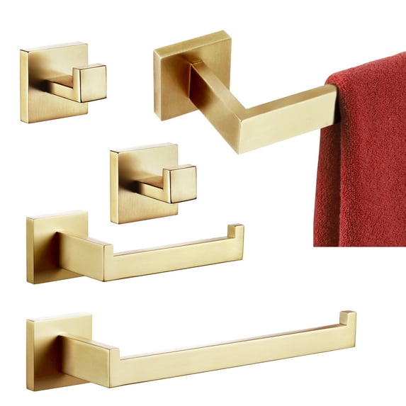 KOKOSIRI 5-Piece Bathroom Hardware Set Bath Accessory Set 24-Inch Towel Bar Towel Holder Toilet Paper Holder Robe Hooks Brushed Gold Stainless Steel B05A5-BG