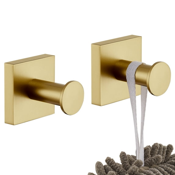 KOKOSIRI Bath Towel Hook Wall Mount Square Robe Hook Coat Hook, Bathroom Kitchen Garage Heavy Duty Wall Mounted, SUS 304 Stainless Steel, Brushed Gold, B1016BG-P2