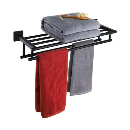 KOKOSIRI Bath Towel Rack with Double Towel Bars Bathroom Towel Shelf 24 Inch Towel Holder Wall Mounted Stainless Steel Matte Black B6005BK-L24