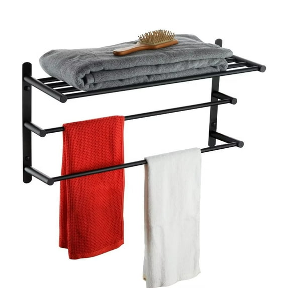 KOKOSIRI Double Towel bar with Shelf 3 Tier Towel Rack with Single Towel Bar Bathroom Towel Rack Storage Organizer Wall Mounted Stainless Steel, Matte Black, B5003BK-L24