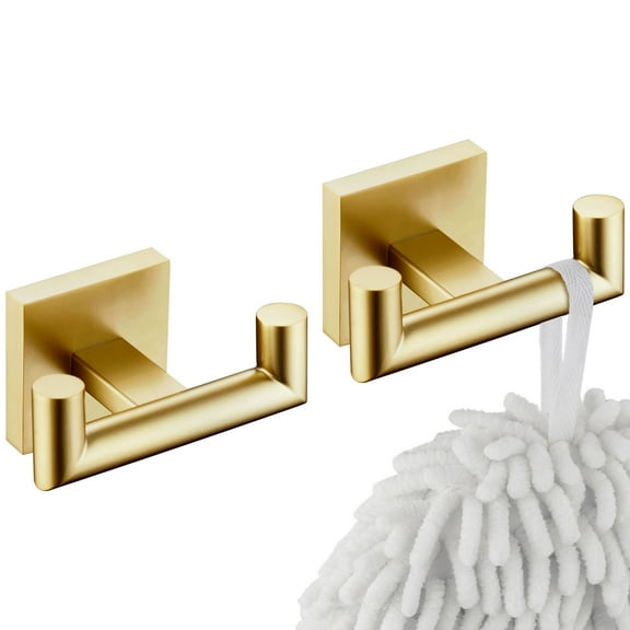 KOKOSIRI Robe Hooks Bathroom Double Towel Coat Hook for Bath Kitchen Wall Mounted, 2 Pack Brushed Gold Stainless Steel B1015BG-P2
