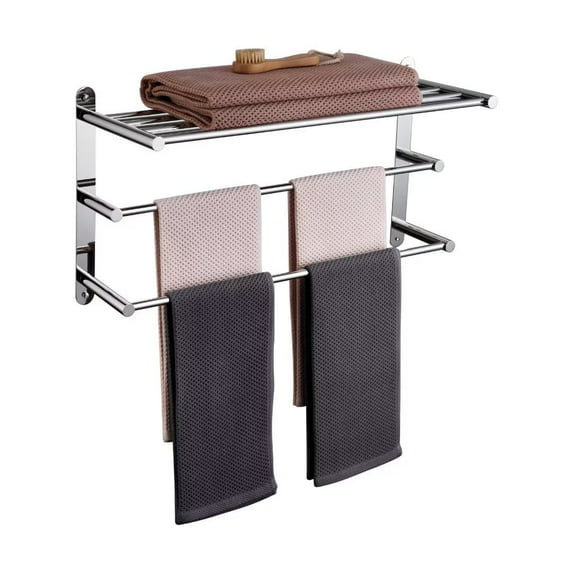 KOKOSIRI Towel Shelf Wall Double Towel bar with Shelf Bathroom Towel Rack Polished Chrome B5003CH-L24