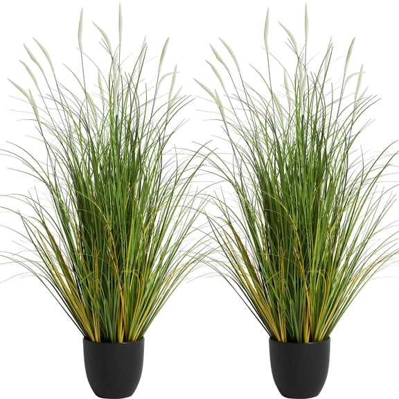 KOL 3ft 2-Pack Artificial Cattail Reed Grass, 35in Artificial Indoor Outdoor Fake Onion Grass Plant, Home Office Wedding Decorative Faux Potted Plant Greenery, Housewarming Gift, White