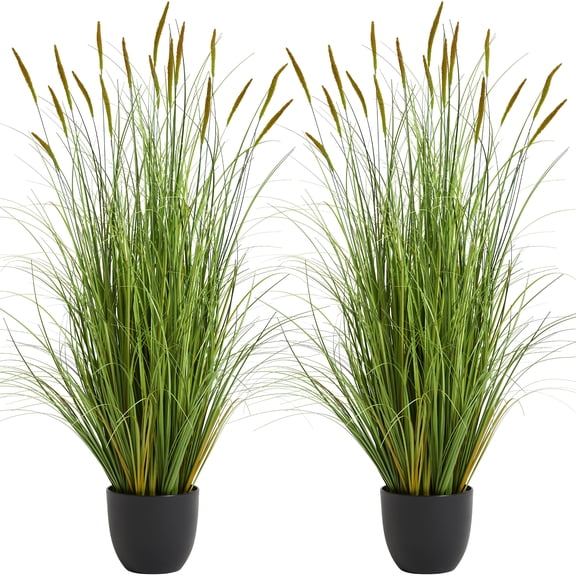 KOL 4ft 2-Pack Artificial Cattail Reed Grass, 35in Artificial Indoor Outdoor Fake Onion Grass Plant, Home Office Wedding Decorative Faux Potted Plant Greenery, Housewarming Gift, Green