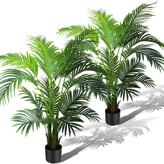 KOL 4ft 2-Pack Artificial Palm Tree Plant, 47in Cane Areca Palm Silk Tree Indoor Outdoor,Dypsis Lutescens, Realistic Faux Silk Plants for Office Home Garden Decoration, Lifelike Modern Decor Y101
