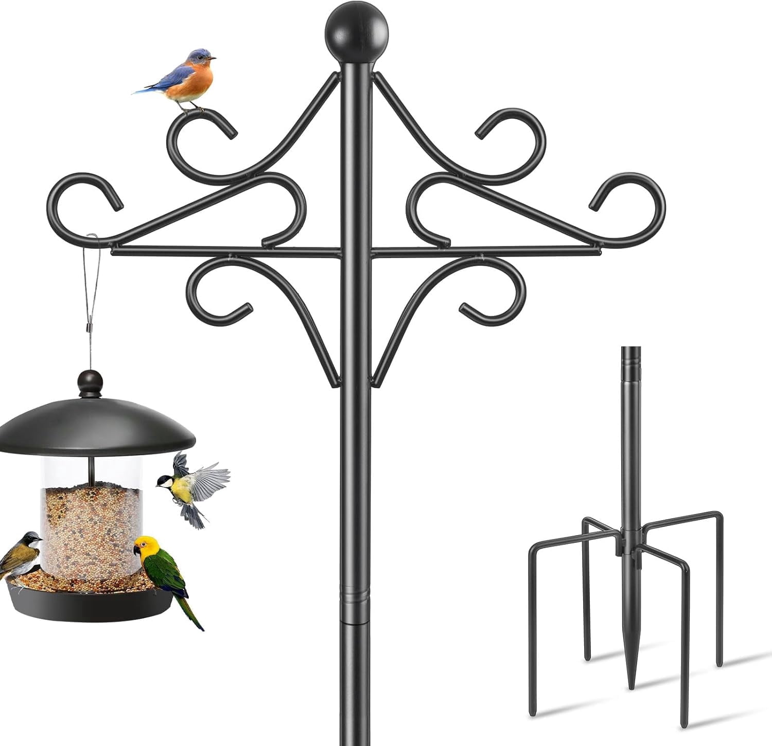 KOLAKO Bird Feeder Pole, 76 inch Shepherds Hook Crook, Wild Bird Feeding Station Heavy Duty Metal Stand Free Standing for Garden Lights Lantern, Plan Basket