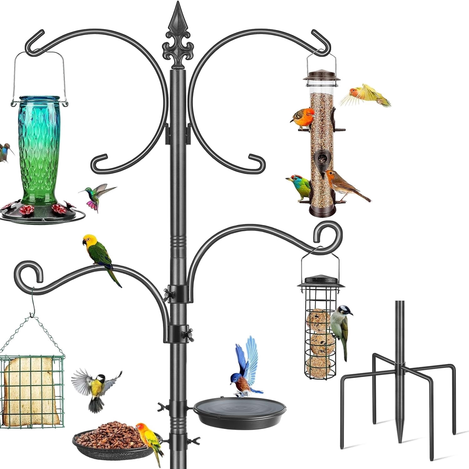 KOLAKO Bird Feeder Pole, 76 inch Bird Feeding Station, Heavy Duty Shepherd Hooks with Birds Bath, Mesh Tray for Outdoors Hanging