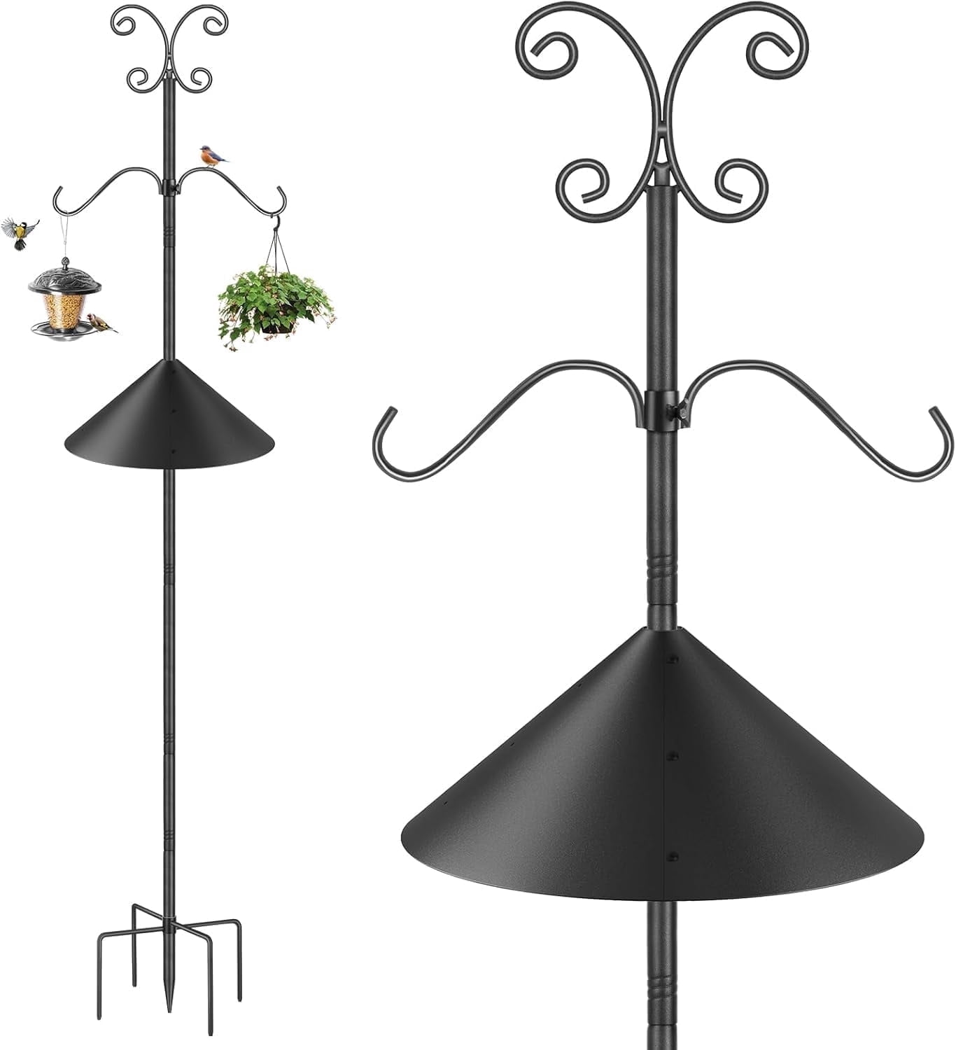 KOLAKO Bird Feeder Pole, Squirrel Proof Bird Feeding Station, Heavy Duty Adjustable Double Shepherd Hook for Outdoor Garden Light Lantern Plant Hanger, 92 inch