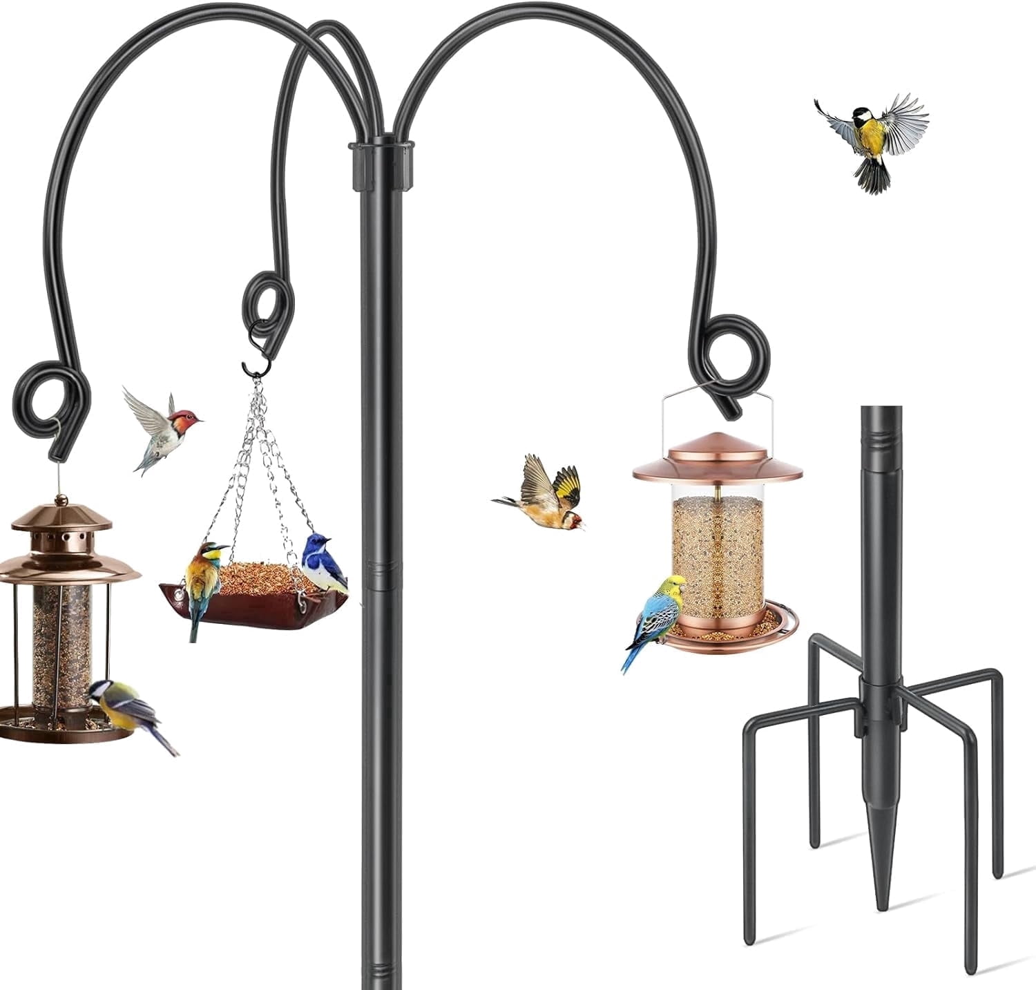 KOLAKO Bird Feeder Pole Stand, Heavy Duty Bird Feeding Station Large Metal Shepherds Hooks for Garden, Wind Proof 76 inch, Black