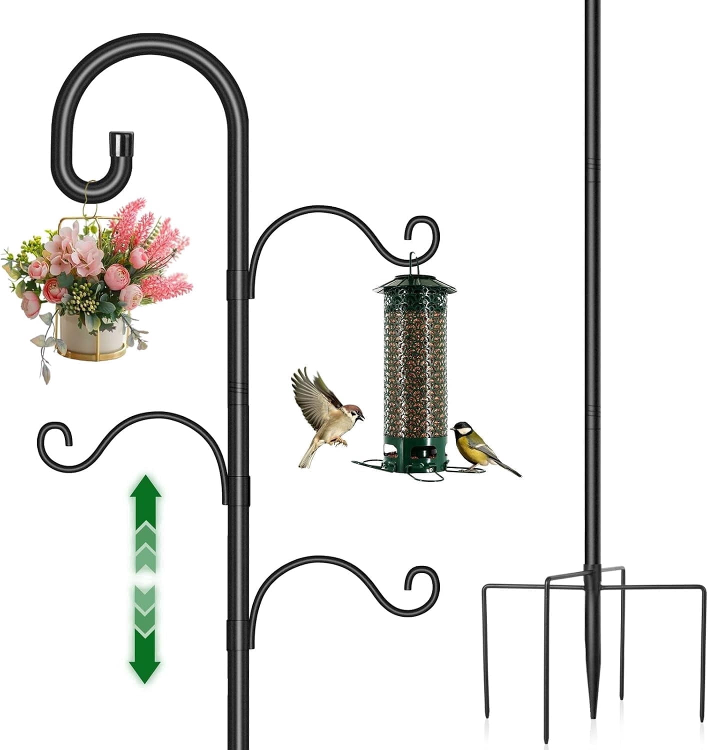 KOLAKO Bird Feeding Station,195cm Adjustable Bird House Poles, Heavy Duty Feeder Stand, Garden Shepherds Hooks Crook for Outdoors Hanging Lights Basket Hanger,76 inch, Black