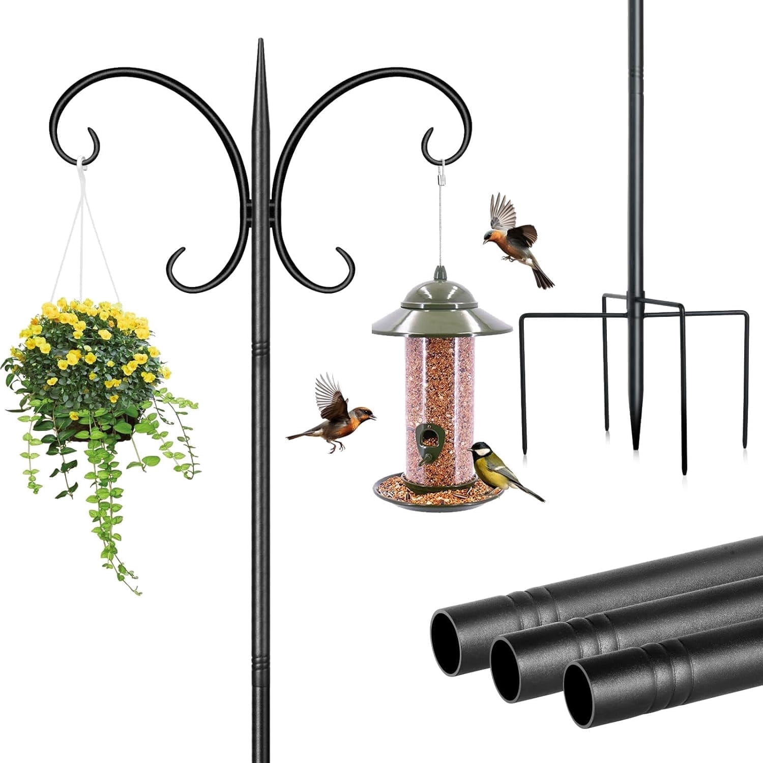 KOLAKO Bird Feeding Station, 223cm Extra Tall Bird Feeder Poles, Heavy Duty Metal Shepherds Hook for Birds Feeder, Garden Lights, Basket