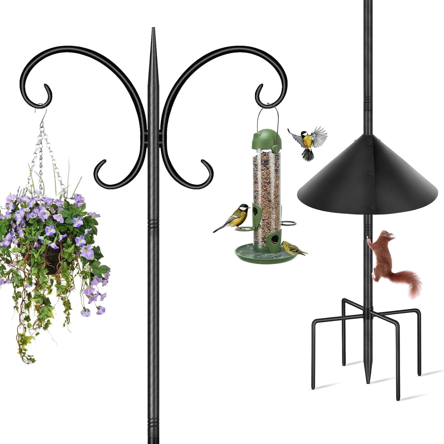 KOLAKO Bird Feeding Station, 223cm Heavy Duty Bird Feeder Pole with Squirrel Baffle,  Metal Shepherds Crook Hooks for Hanging Garden Lights Lanterns Plant Basket