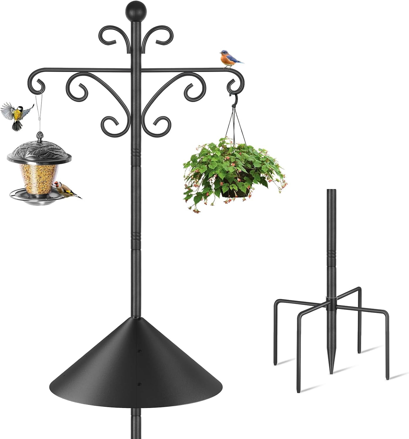 KOLAKO Bird Feeding Station, 92 inch Heavy Duty Bird Feeder Pole Squirrel Proof, Free Standing Shepherds Hooks Stand with baffle for Garden Solar Lights,Baskets hanger, Black