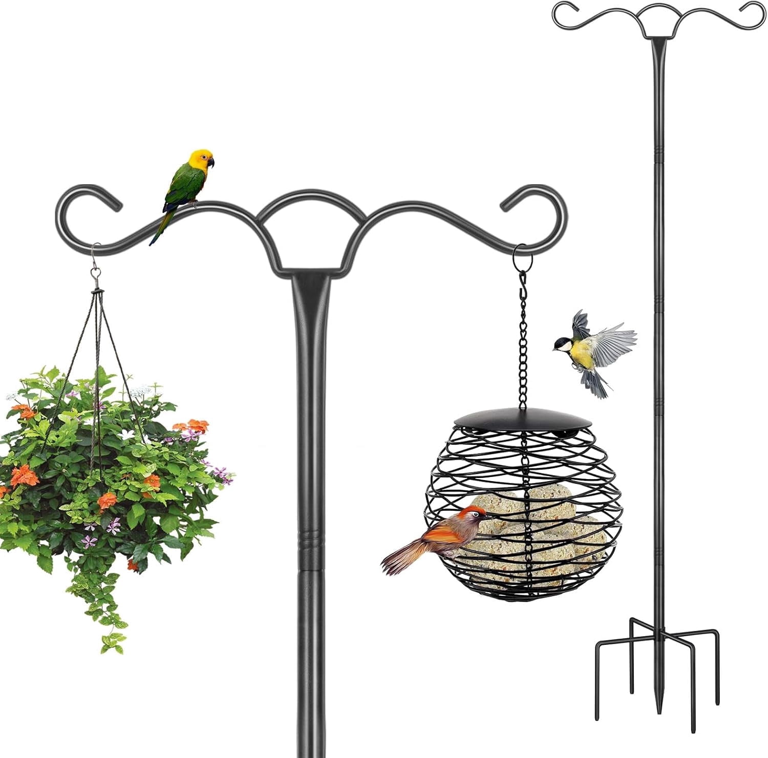 KOLAKO Bird Feeding Station, 197cm Free Standing Bird Feeder Poles Hangers, Metal Heavy Duty Double Shepherds Hook for Garden Lanterns, Light, Black
