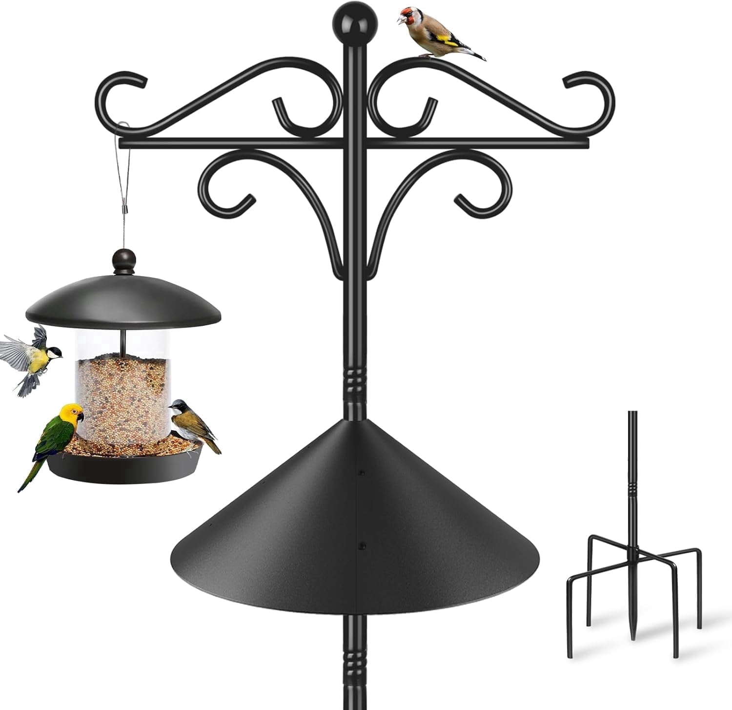 KOLAKO Bird Feeder Pole Squirrel Proof, 233cm Bird Feeding Station, Free Standing Heavy Duty Shepherds Hooks with Baffle for Garden Solar Lights,Baskets hanger, Black