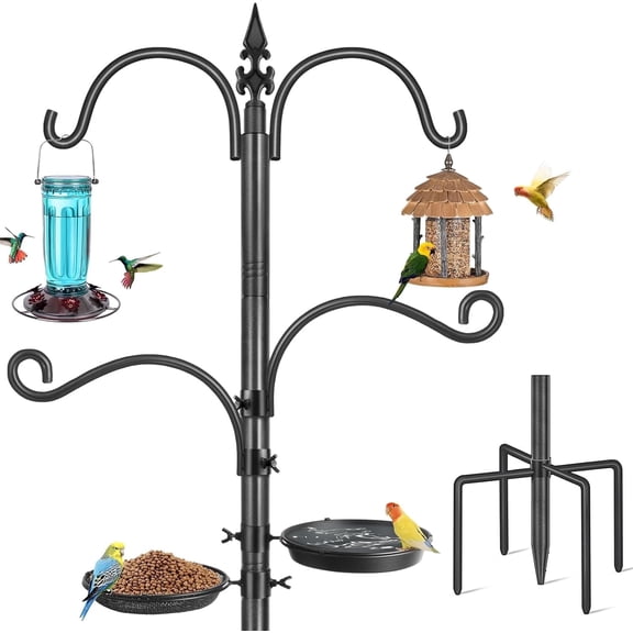 KOLAKO Bird Feeding Station, 88 inch Bird Feeder Pole Stand, 4 Hook Heavy Duty Hummingbird Feeder Hanger Shepherds Hook for Outdoor, with Birds Bath and Mesh Tray, Black