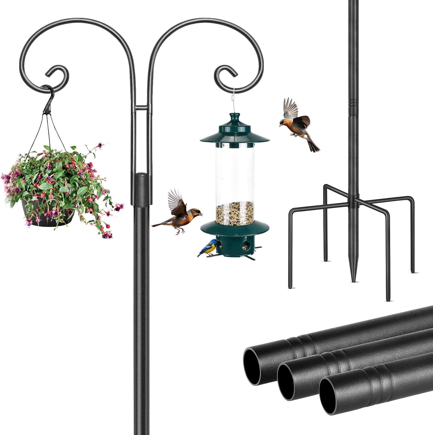 KOLAKO Bird Feeding Station, Heavy Duty Bird Feeder Poles, Metal Shepherd Hooks for Hanging Garden Lights, Basket, 193cm, Black