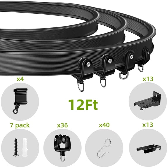 KOLAKO Ceiling Curtain Track, Flexible Bendable Curtain Rail Set, Curved Sliding Drapery Track System for Room Divider RV Shower, 12Ft, Black