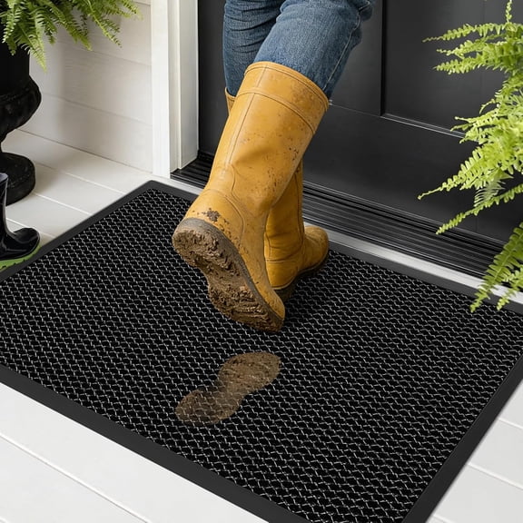 KOLAKO Door Mats, Heavy Duty Floor Mat, Rubber Entryway Rug Outside Non Slip Dirt Trapper Doormats for Front Door,43 x 76 x 0.1 cm , Black